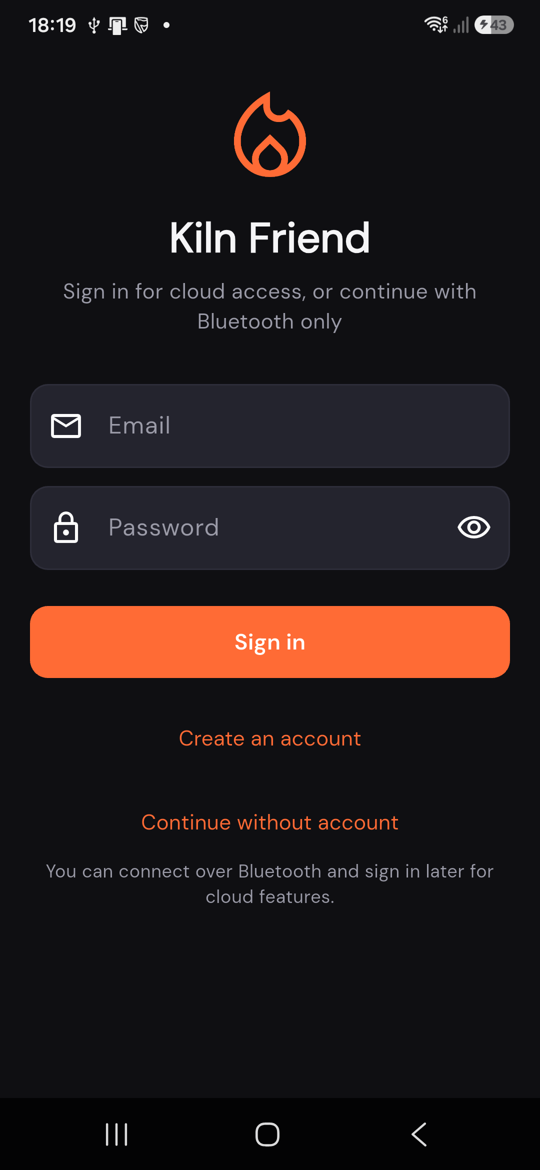 Kilnfriend sign-in screen on Android