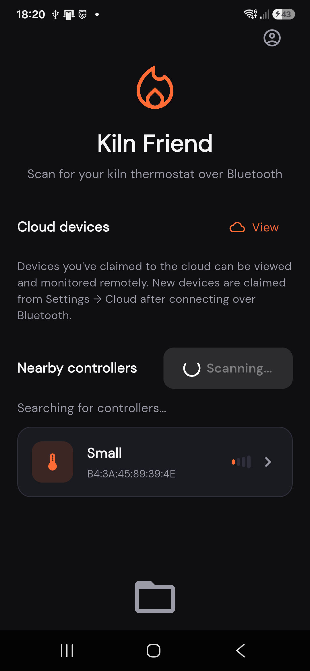 Home screen showing nearby Bluetooth controllers and cloud devices