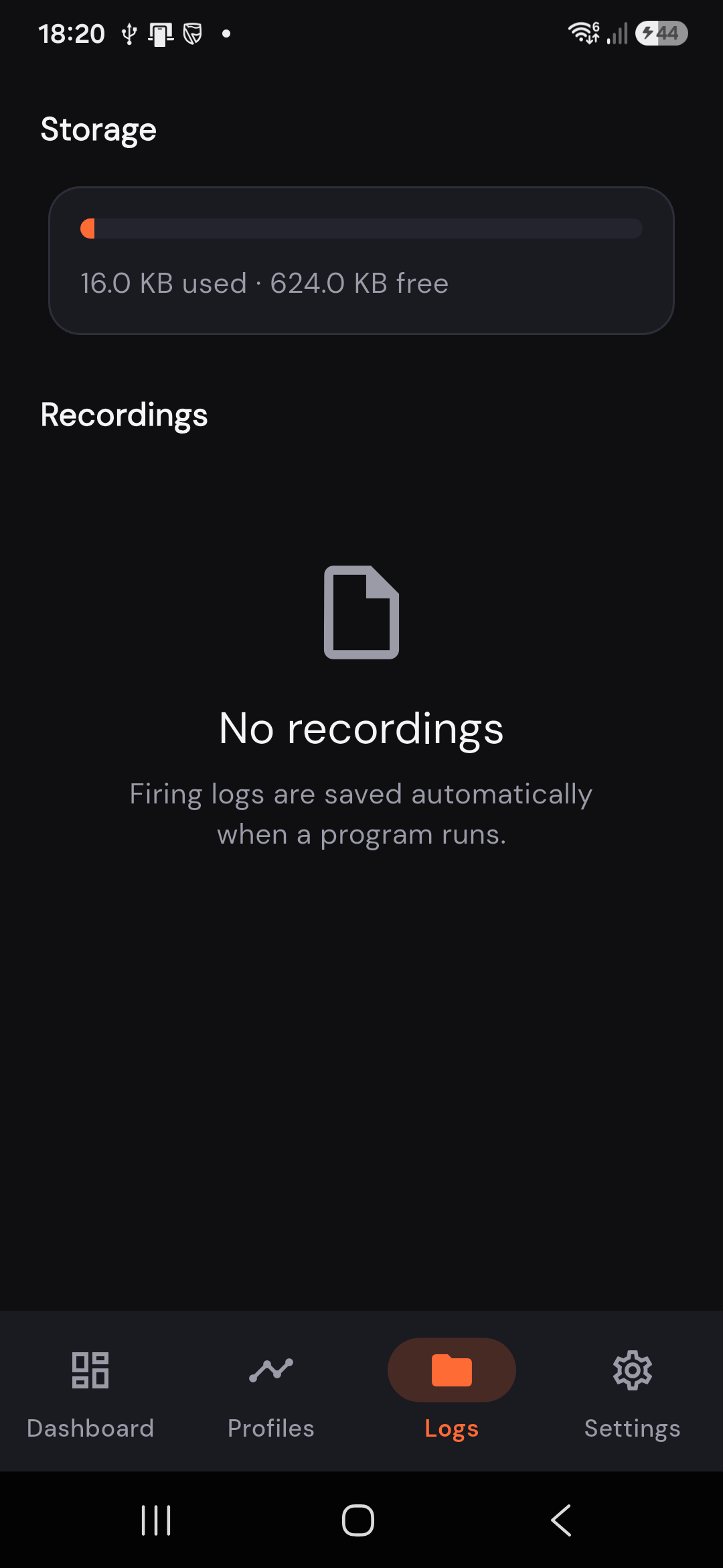Logs tab with controller storage and recordings