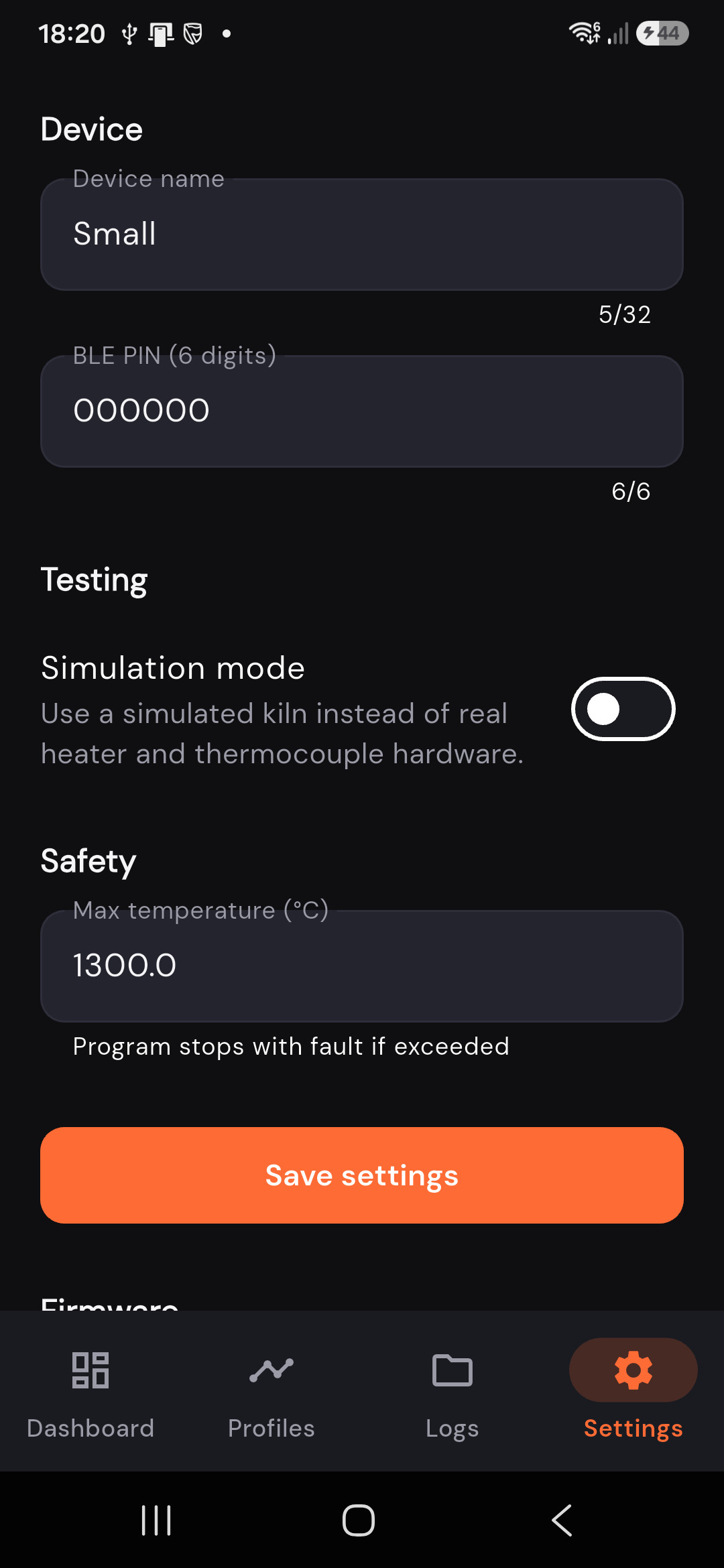 Device settings including name, PIN, and max temperature