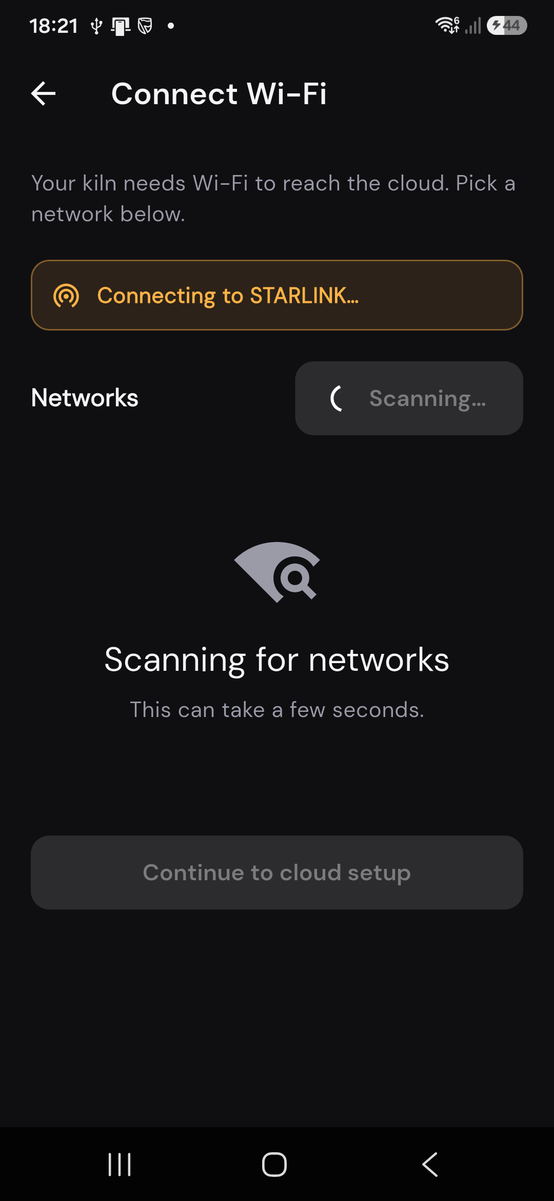 Connect Wi-Fi screen for cloud provisioning