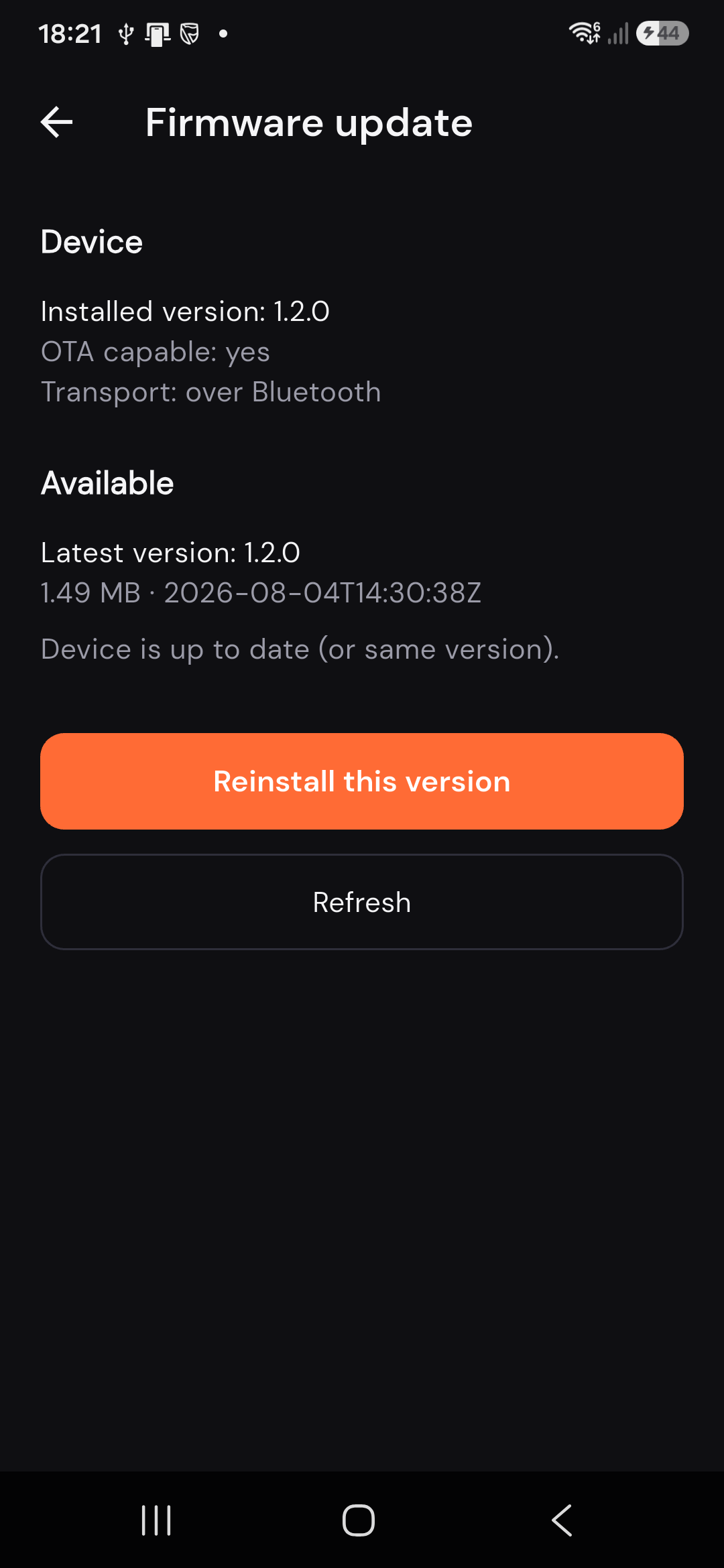 Firmware update screen showing installed and available versions